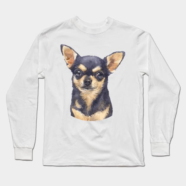 Cuite Black and Tan Chihuahua Watercolor Art Long Sleeve T-Shirt by doglovershirts